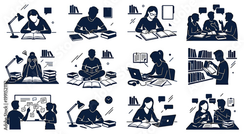 Black and white monochrome icons of people reading writing on laptops and discussing projects in study groups. Education environment featuring bookshelves desks and collaborative workspaces.