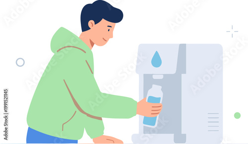 Man refills water bottle at office cooler machine