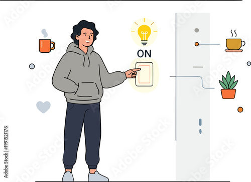 A man turns on a light switch in a room with various objects