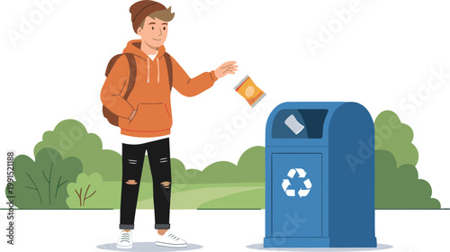 Man throwing paper into recycling bin in park environment