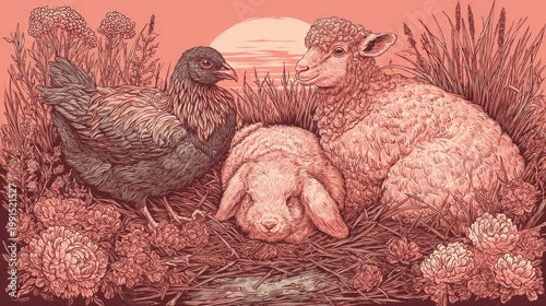 Domestic fowl, ovine, and lagomorph rest together amidst flowering vegetation at sunset