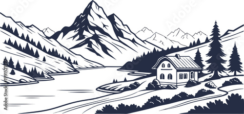 Serene mountain house by a lake with snow-capped peaks and evergreen trees in a peaceful landscape