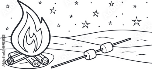 Black and white illustration of a campfire with marshmallows on sticks in a starry night