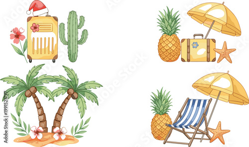 Summer vacation travel set with beach umbrella, pineapple, suitcase, palm trees and cactus vector illustration tropical holiday elements collection
