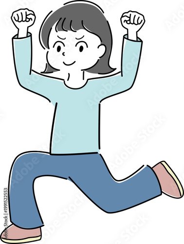 笑顔でガッツポーズをする女性の全身シンプルイラスト（成功・達成・やる気・ポジティブ・人物素材） /
Full body smiling woman making a victory pose simple line illustration (success, achievement, motivation, positive, people)