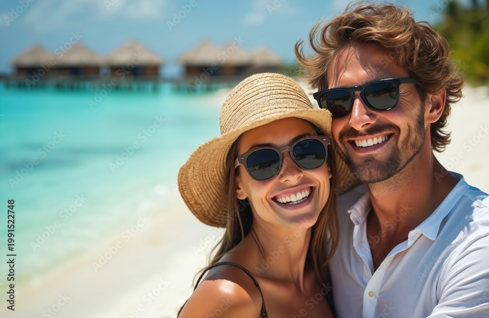 Obraz premium Smiling couple enjoys sunny day on Maldives beach. Happy pair wears sunglasses, straw hat. Turquoise ocean water and overwater bungalows in background. Tropical island vacation joy.