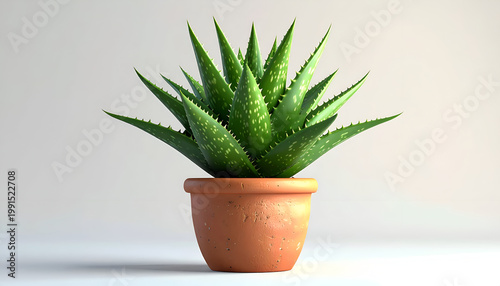 A vibrant aloe vera plant thrives in a terracotta pot against a soft, neutral background, showcasing its unique texture and form.