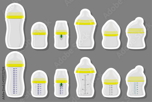 big colored set of baby milk in bottle with soft rubber pacifier