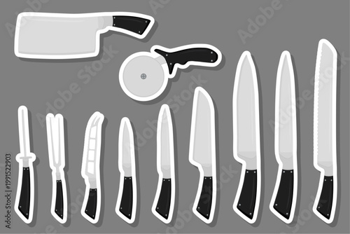 set different types knife different size for butcher