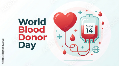 World blood donor awareness illustration with heart shaped balloon and medical bag connection on clean background for healthcare campaign and life saving donation promotion