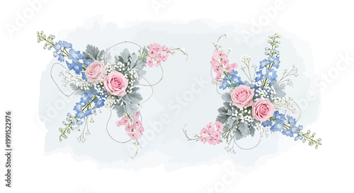 Floral border, watercolor flowers, pink roses, blue delphiniums, green leaves, vector illustration, decorative frame, botanical design, floral pattern