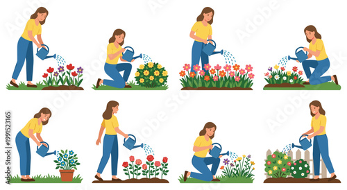 Woman tending to plants in garden, sequence of actions. Growing flowers and plants. Spring or summer outdoor activity. Detailed illustration for gardening or nature themes.