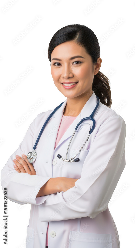 Fototapeta premium A smiling woman in a white lab coat holding a clipboard isolated on transparent background,png,PNG,Png