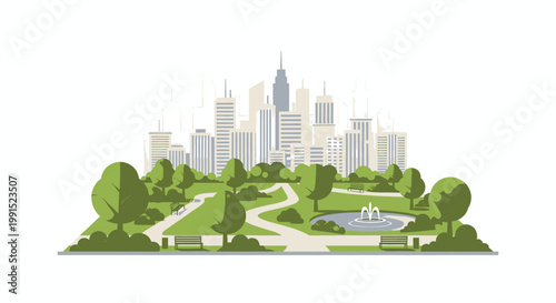 Urban oasis A city park with lush greenery, pathways, benches, and a fountain, set against a backdrop of modern skyscrapers, offering a serene escape within the bustling metropolis