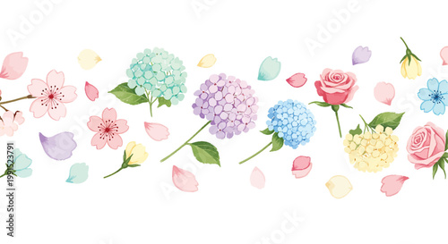 Watercolor flowers, pastel floral border, hydrangea, roses, botanical vector, decorative elements