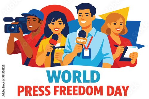 Illustration of journalists and reporters working together for news coverage. Diverse group of media people with microphones and camera. Journalism ethics and communication freedom awareness art.