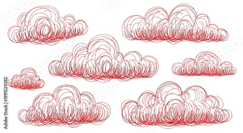 Hand drawn red clouds, cloud icons, sketchy weather symbols, red cloud illustrations, vector cloud graphics