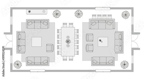 Interior design layout showcasing living room and dining areas with modern furniture sofas tables and decorative elements in a floor plan view