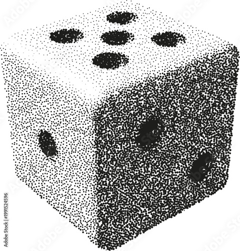 Dotwork stippled 3D dice cube illustration isolated on background in minimalist black and white style