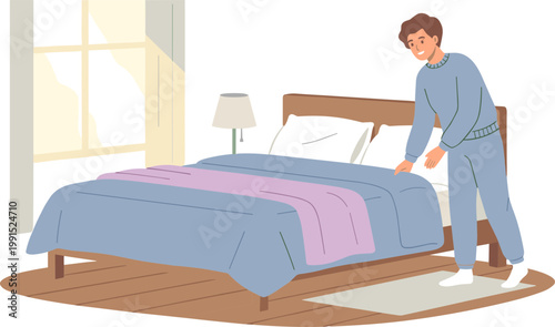 Man making bed in bedroom with brown furniture and window