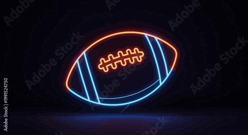 Neon glowing American football illustration on dark background shining light of sport equipment for modern art design and game advertising