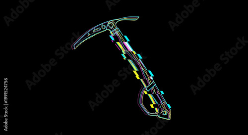 Modern ice axe with vibrant glitch effect on black background; mountaineering equipment with digital distortion tool for extreme sports