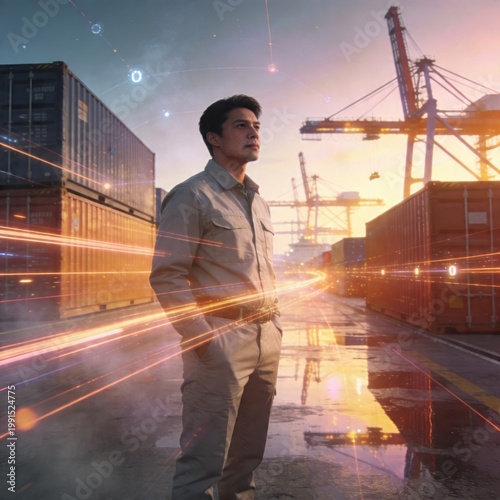Man at a modern shipping port with cargo containers and cranes