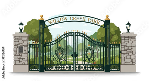 Ornate iron gate to Willow Creek Park with stone pillars and vintage street lamps trees and landscape view on a sunny day illustration