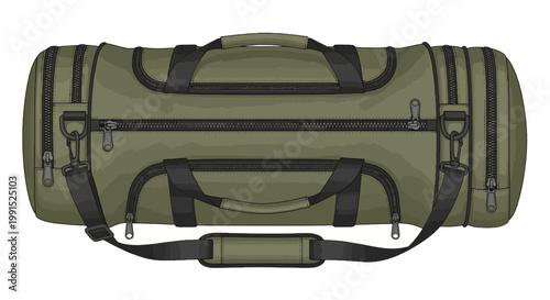Top-down view of a green army-style duffel bag with black accents featuring multiple zippered compartments and a shoulder strap for versatile carrying options