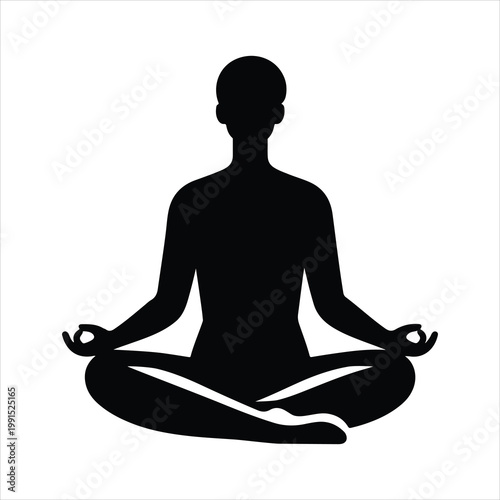  A black silhouette vector illustration of a woman sitting in a lotus pose for yoga and meditation to promote zen, health, and spiritual relaxation