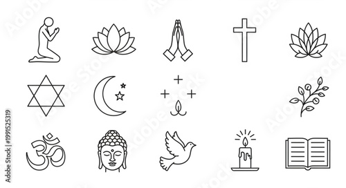 Collection of Religious Symbols and Icons in Line Art Style.