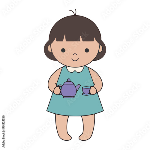 Cute Little Girl Holding Tea Set