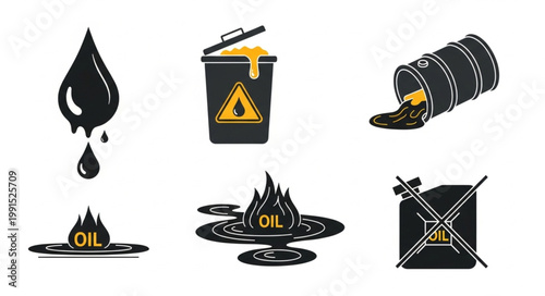Set of oil related icons and symbols for industry and pollution.