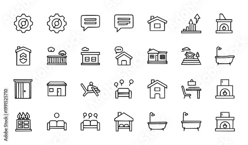 Modern home living icon vector set with furniture balcony terrace bathtub fireplace and UI symbols in outline style