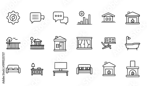 Minimal home furniture and smart system icon vector set with balcony terrace bathtub fireplace infographic line design