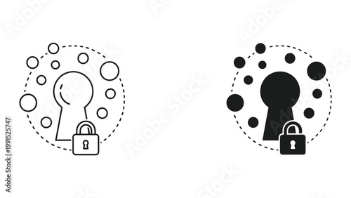 Black and white line icons of keyhole with padlock and dotted circle with bubbles for security and protection concepts
