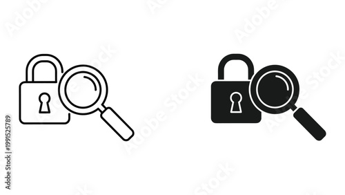 Black and white line icons of padlock and magnifying glass for security and investigation concepts isolated on white background