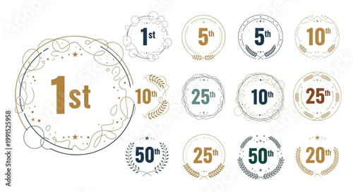 Collection of decorative circular badges with numbers and text.