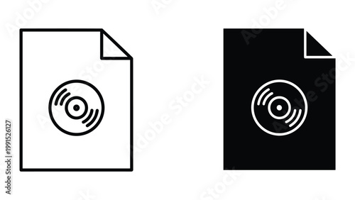 Black and white icons of document with cd on white background
