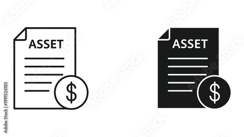 Black and white icons of asset documents with dollar signs on white background