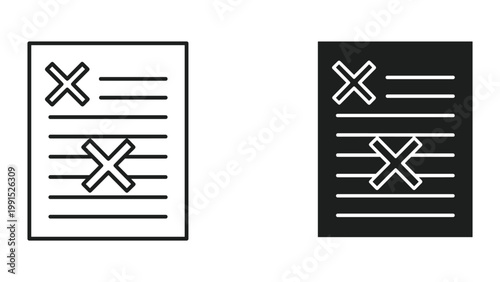 Vector icons of rejected documents on white and black backgrounds