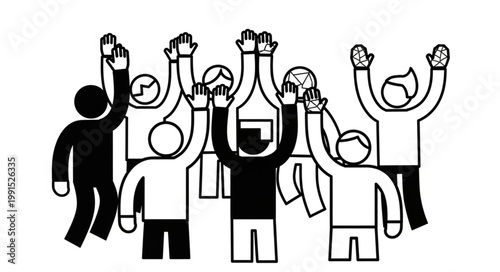 Group of Diverse People Celebrating with Raised Hands.