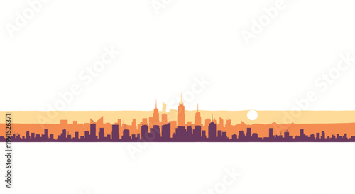 Vibrant city skyline silhouetted against a warm sunset, with a minimalist, stylized aesthetic