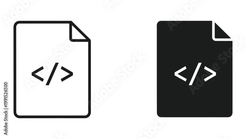 Black and white code file icons with html tags on white background