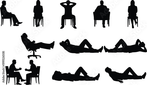 Black Silhouettes of People Sitting, Relaxing, Lying Down, and Conversing, Featuring Various Poses and Postures Isolated on White Background for Interior Design and Lifestyle Concepts