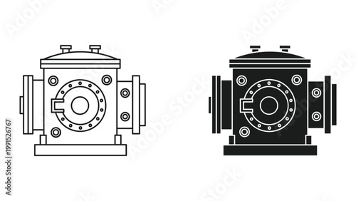 Black and white line drawing of industrial valve or pump on white background