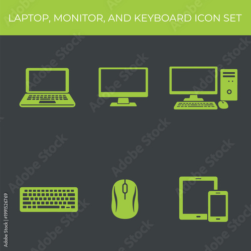 laptop, monitor, and keyboard icon set.