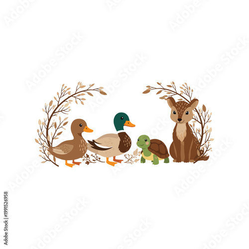 Illustrated cartoon ducks and hedgehog surrounded by autumn foliage and flowers in a whimsical composition.