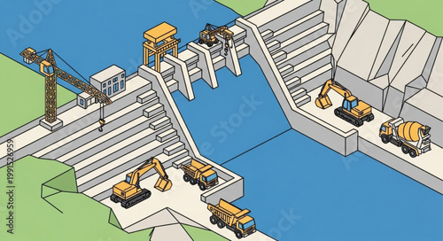 Hydroelectric Dam with Water Reservoir and Construction Equipment.