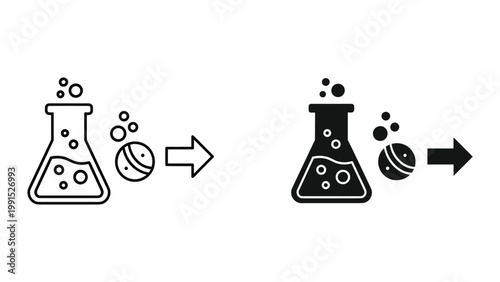 Black and white line icons of chemical reaction with beaker and bubbles isolated on white background